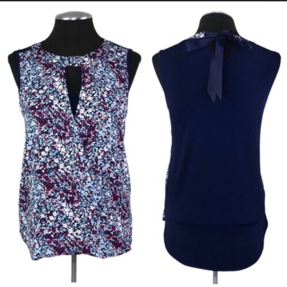 41 Harthorn Size L Stitch Fix Navy/ Floral Mixed Material Surplice Blouse New